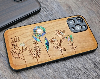 Wildflower Abalone Inlay Wood iPhone Case