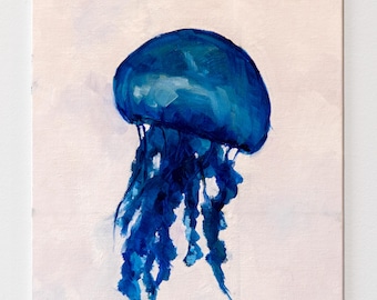 抽象的なクラゲの油彩画 クラゲの絵画 オリジナル油絵 海洋生物の絵画 ブルーキャンバス 深海