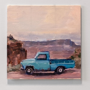 peinture de camion vintage, art de paysage désertique, camionnette turquoise, décor nostalgique Americana, vue sur le canyon, art rustique peint à la main