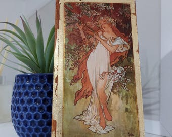 Alfons Mucha 'Spring' Wooden Wall Art: Gold Oak Decor