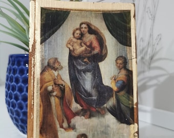 Madonna Sistina, opera d'arte su legno: dipinto rinascimentale di Raffaello con oro