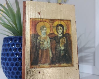 Icon of Christ & Abbot Mena Golden Wood Wall Art