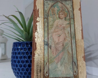 Alfons Mucha 'Morning' Wood Wall Art: Gold Gilded Art Nouveau