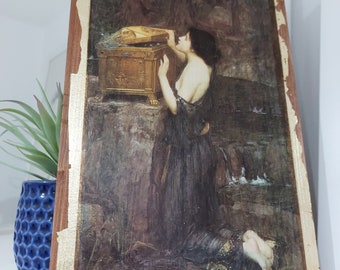 Pandora by Waterhouse: Pre-Raphaelite Wood Wall Art with Gold