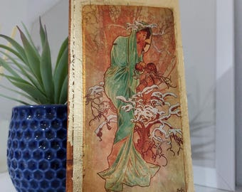 Alfons Mucha Winter Art Nouveau Wood Wall Art with Gold Gilding