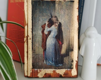 The Kiss Painting: Francesco Hayez, Gold Oak Wood Wall Art (18.5x30cm)