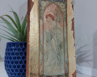 Alfons Mucha "Evening" Art Nouveau Gold Wooden Wall Art