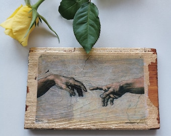Michelangelo's Creation of Adam: Gold Gilding on Oak Wood Wall Art
