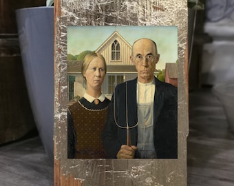 American Gothic Wood Wall Art: Grant Wood Painting, Gold Gilding