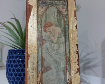 Alfons Mucha 'Night' Art Nouveau Gold Wooden Wall Art
