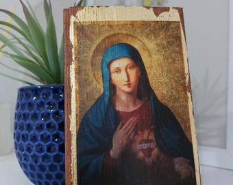 Immaculate Heart of Mary on Oak: Kupelweiser Wood Wall Art with Gold Gilding