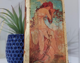 Alfons Mucha "Summer" - Gold Gilded Oak Wood Wall Art