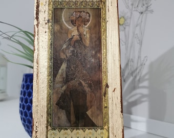 Alfons Mucha 'The Moon' Art Nouveau Gold Wooden Wall Art