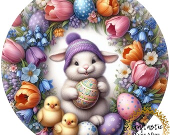 Easter Bunny Wreath Sign Attachment 10 Inch Round, Happy Easter Floral Sign, Pastel Spring Door Hanger Insert, Cute Bunny Decor