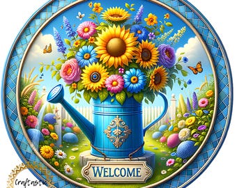 Spring Welcome Wreath Sign, Sunflower Watering Can Metal Wreath Attachment, Floral Garden Door Hanger Sign, 10 Inch Round