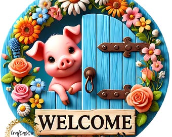 Spring Pig Wreath Attachment Sign 10 Inch Metal Round, Welcome Farmhouse Door Decor, Floral Barnyard Centerpiece