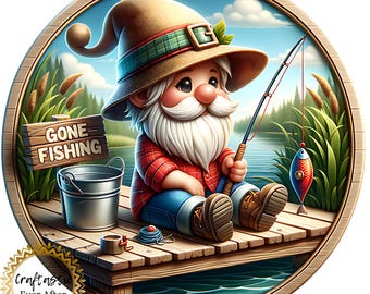Gone Fishing Wreath Sign, 10 Inch Metal Fishing Gnome Wreath Attachment, Lake House Door Decor, Summer Front Door Accent