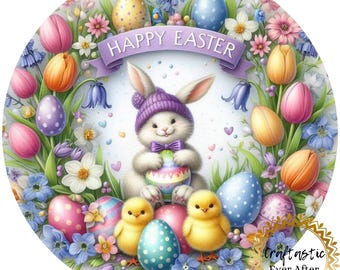 Easter Bunny Wreath Sign Attachment 10 Inch Round, Happy Easter Floral Sign, Pastel Spring Door Hanger Insert, Cute Bunny Decor