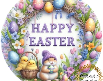Easter Bunny Wreath Sign Attachment 10 Inch Round, Happy Easter Floral Sign, Pastel Spring Door Hanger Insert, Cute Bunny Decor