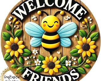 Bee Welcome Wreath Sign, Welcome Friends Metal Wreath Attachment, Sunflower Farmhouse Front Door Decor, 10 Inch Round Sign