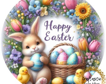 Easter Bunny Wreath Sign Attachment 10 Inch Round, Happy Easter Floral Sign, Pastel Spring Door Hanger Insert, Cute Bunny Decor