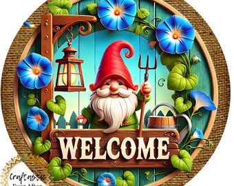 Gnome Welcome Wreath Sign, Rustic Garden Metal Wreath Attachment, Spring Summer Front Door Decor, 10 Inch Round Sign