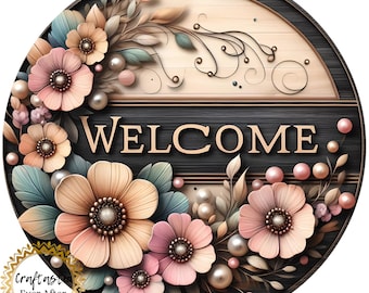 Floral Welcome Wreath Sign, Neutral Farmhouse Metal Wreath Attachment, Black Wood Front Door Decor, 10 Inch Round Sign