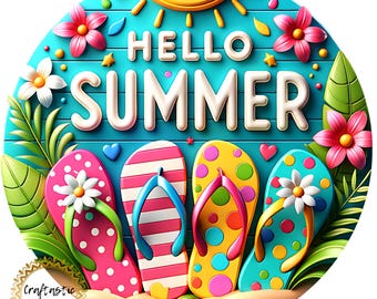 Hello Summer Wreath Sign, Flip Flop Beach Metal Wreath Attachment, Tropical Summer Door Hanger Sign, Front Door Decor, 10 Inch Round