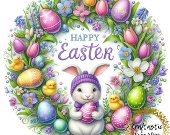Easter Bunny Wreath Sign Attachment 10 Inch Round, Happy Easter Floral Sign, Pastel Spring Door Hanger Insert, Cute Bunny Decor