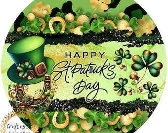 10" Glitter St. Patrick’s Day Wreath Sign – Green Gold Shamrock Metal Wreath Attachment – Lucky Leprechaun Hat & Horseshoe Door Hanger