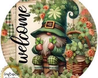 10" St. Patrick’s Day Gnome Wreath Sign – Green Clover Welcome Metal Wreath Attachment – Irish Spring Door Hanger – Gnome Wreath Centerpiece