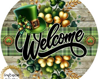 10" Welcome St. Patrick’s Day Wreath Sign – Green Plaid Shamrock Metal Wreath Attachment – Lucky Leprechaun Hat Door Hanger – Irish Decor