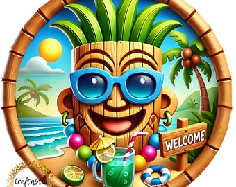 Tropical Tiki Wreath Sign, 10 Inch Metal Welcome Sign Attachment, Summer Beach Front Door Decor, Luau Party Wreath Accent