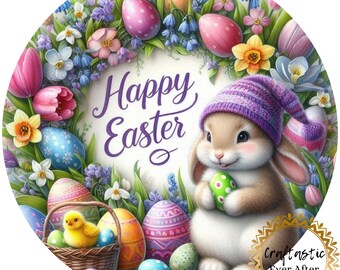 Easter Bunny Wreath Sign Attachment 10 Inch Round, Happy Easter Floral Sign, Pastel Spring Door Hanger Insert, Cute Bunny Decor