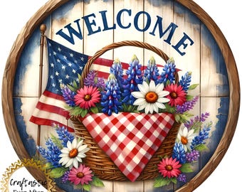 Patriotic Welcome Wreath Attachment Sign 10 Inch Metal Round, American Flag Floral Door Decor, 4th of July Farmhouse Centerpiece