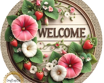 Strawberry Welcome Wreath Sign, Rustic Farmhouse Floral Metal Wreath Attachment, Summer Front Door Decor, 10 Inch Round Sign