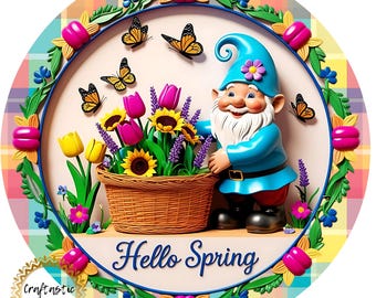 Hello Spring Wreath Sign, 10 Inch Metal Gnome Wreath Attachment, Floral Spring Front Door Decor, Tulip Sunflower Accent