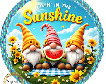 Summer Gnome Wreath Sign, Livin In The Sunshine Metal Wreath Attachment, Sunflower Watermelon Door Hanger Sign, 10 Inch Round