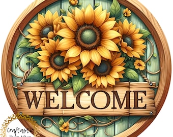 Sunflower Welcome Wreath Sign, Rustic Farmhouse Metal Wreath Attachment, Summer Front Door Decor, 10 Inch Round Sign
