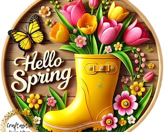 Hello Spring Wreath Sign, Yellow Rain Boots Floral Metal Wreath Attachment, Spring Flower Door Hanger Sign, 10 Inch Round