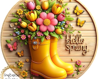 Hello Spring Wreath Sign, Yellow Rain Boots Floral Metal Wreath Attachment, Spring Flower Door Hanger Sign, 10 Inch Round