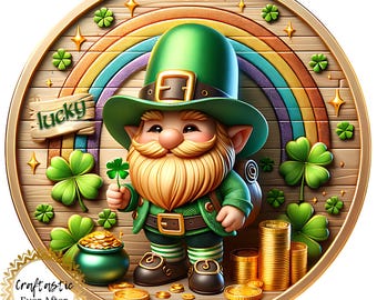 10" St. Patrick’s Day Rainbow Gnome Wreath Sign – Lucky Leprechaun Metal Wreath Attachment – Gold Coins & Clover Door Hanger – Irish Decor