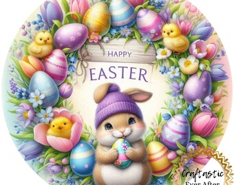 Easter Bunny Wreath Sign Attachment 10 Inch Round, Happy Easter Floral Sign, Pastel Spring Door Hanger Insert, Cute Bunny Decor