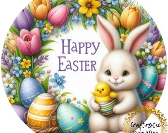 Easter Bunny Wreath Sign Attachment 10 Inch Round, Happy Easter Floral Sign, Pastel Spring Door Hanger Insert, Cute Bunny Decor