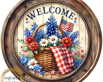 Patriotic Welcome Wreath Attachment Sign 10 Inch Metal Round, American Flag Floral Door Decor, 4th of July Farmhouse Centerpiece