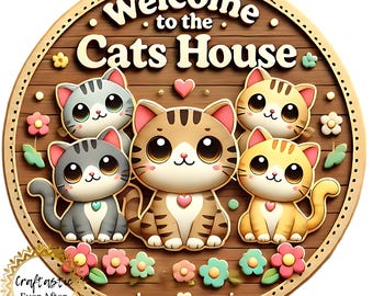 Welcome to the Cats House Wreath Attachment Sign 10 Inch Metal Round, Cute Cat Door Decor, Cat Lover Farmhouse Centerpiece