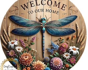 Welcome Dragonfly Wreath Sign, 10 Inch Metal Wreath Attachment, Rustic Floral Front Door Decor, Farmhouse Spring Accent