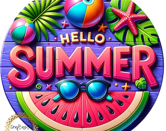 Hello Summer Wreath Sign, Watermelon Beach Metal Wreath Attachment, Summer Door Hanger Sign, Tropical Front Door Decor, 10 Inch Round