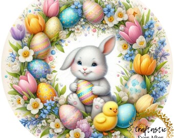 Easter Bunny Wreath Sign Attachment 10 Inch Round, Happy Easter Floral Sign, Pastel Spring Door Hanger Insert, Cute Bunny Decor