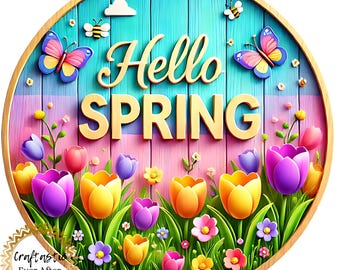 Hello Spring Wreath Sign, 10 Inch Metal Tulip Wreath Attachment, Colorful Spring Front Door Decor, Easter Floral Accent